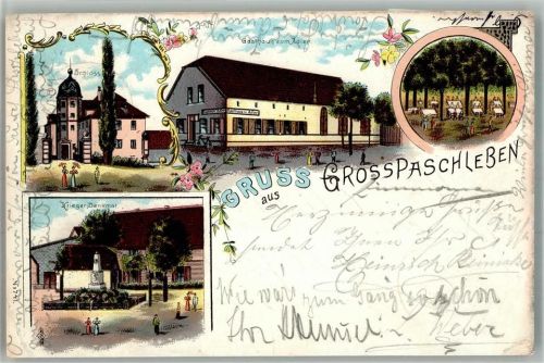 Großpaschleben 1900 Lithographie Kriegerdenkmal Schloss Gasthaus Zum Adler