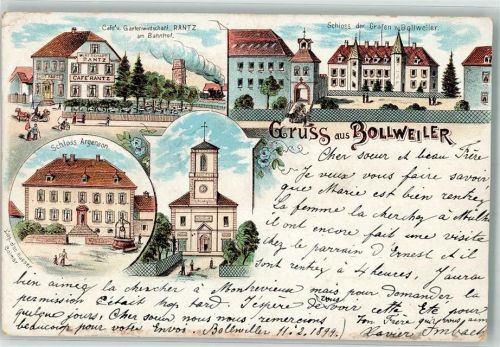 Bollwiller 1899 Cafe Rantz Schloss der Grafen v. Bollweiler Schloss Argeson Kirche
