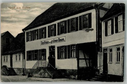 Bieber Gasthaus zum Grünen Baum Bahnpost Gelnhausen-Bieber Foto AK
