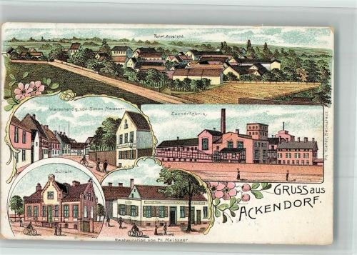 Ackendorf 1913 Lithographie Zuckerfabrik Schule Gasthaus Meissner Warenhaus Meissner
