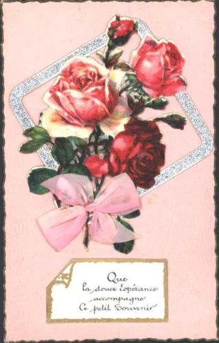 Namenstag-AK mit aufgeklebter Oblate Rosen, Schleifenapplikation aus echtem Stoff