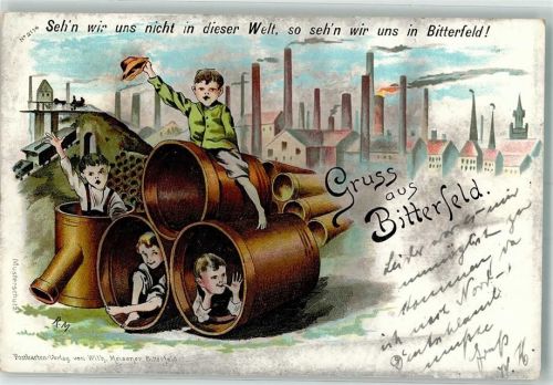 06749 O4400 Bitterfeld 1901 Lithographie Fabriken Spielende Kinder Metallröhren sign. R. M.