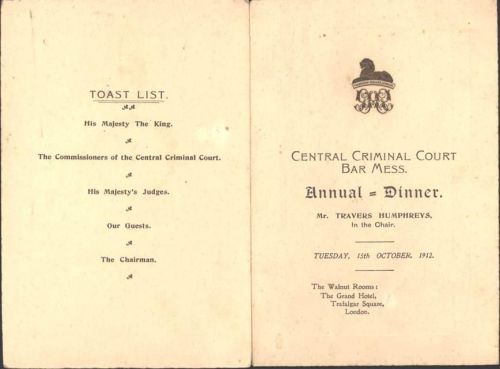 London Central Criminal Court Annual Dinner 15. Okt. 1912 Grand Hotel; KEINE AK, ca. 21x15,5 cm aufgeklappt