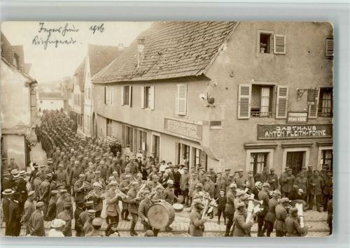 Ingersheim 1916 Foto AK Soldaten Blasorchester Gasthaus Anton Fleith-Fonne Ort handschriftlich
