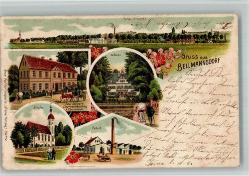 Schönberg 1904 Bellmannsdorf Zigarren- Handlung Schloss Kirche Fabrik Lithographie