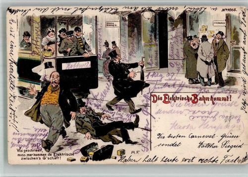 1900 Die Elektrische Bahn kommt Straßenbahn Lithographie