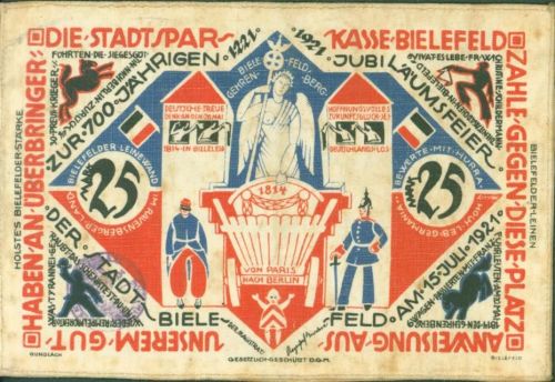 Bielefeld 1921 25 Mark aus Leinenstoff zweilagig