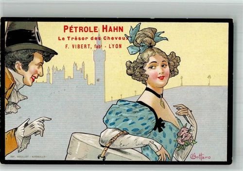 Lyon sign. Gottaro Jugendstil Mode Petroleum Hahn Werbung Lithographie