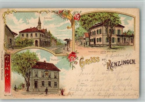 Kenzingen 1898 Lithographie Postamt Bahnhof Gasthaus zum Löwen