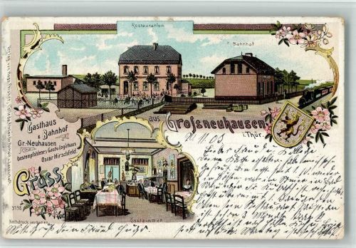Großneuhausen 1903 Gasthaus Zum Bahnhof Eisenbahn Wappen Lithographie