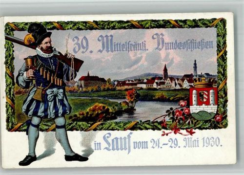 Lauf 1930 Lithographie 39. Mittelfränkisches Bundesschiessen 1930 Schütze Wappen