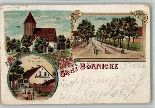 Börnicke 1905 Lithographie Dorfkirche Dorfstrasse Gasthaus Parnemann