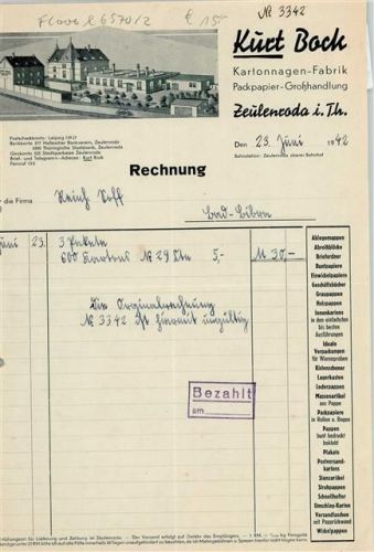 07937 O6570 Zeulenroda Briefkopf Rechnung von 1942 Kurt Bock Kartonagen Papier