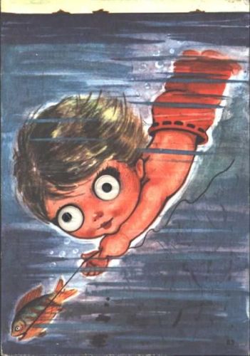 Junge beim Fischen, Augen aus Plastik, beweglich