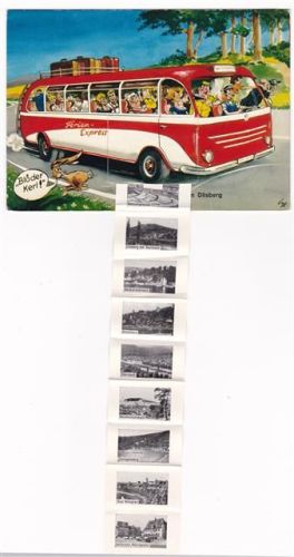 Dilsberg ausziehbarer Papierstreifen Omnibus Ferien-Espress Neckartal Heidelberg Neckargemünd Neckarsteinach Hirschhorn Eberbach Waldkatzenbach Zwingenberg Bad Wimpfen Heilbronn Marktplatz