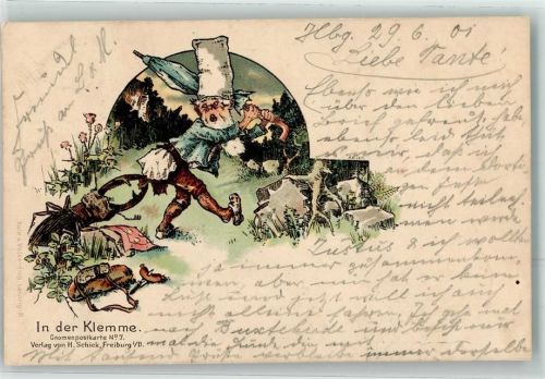 In der Klemme Gnomenpostkarte Nr 7 Hirschkäfer Zwerg 1901 Lithographie