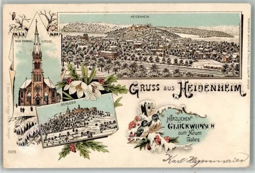 89518 W7920 Heidenheim an der Brenz 1897 BOAKC Neue Ev. Kirche Schloss Glückwunsch Neujahr Winterlithographie