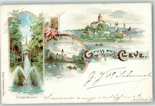 33829 W4807 Cleve Lithographie Schwanenburg Amphitheater Springbrunnen