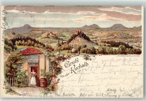 Donzdorf 1898 Gruss von der Kuchalb Gasthaus Frau Fass Tracht Burg