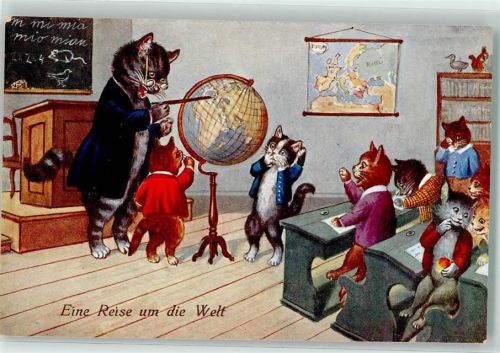 Eine Reise um die Welt Katzenlehrer erklärt der Katzenschulklasse anhand eines Globus die Welt Tier vermenschlicht Katze Künstlerkarte