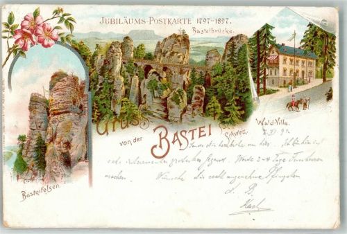 01824 O8324 Rathen Kurort , Sachs Lithographie Basteifelsen Basteibrücke Gasthaus Wald-Villa