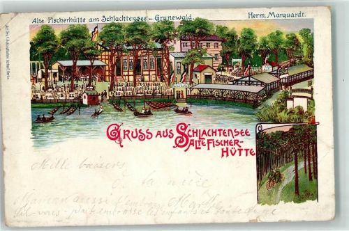 10115 W1000 Grunewald 1900 Gebrauchsspuren Lithographie Gasthaus alte Fischerhütte am Schlachtensee