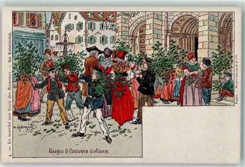 der Palmsonntag-Stechpalmenmarkt sign. P. Kauffmann Motiv Frankreich Künstlerkarte
