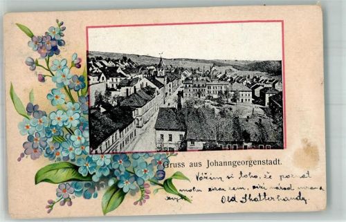 08349 O9438 Johanngeorgenstadt 1903 Passepartout Ortsansicht Kirche Rahmen Blumen