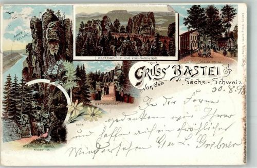01824 O8324 Rathen Kurort , Sachs 1898 Lithographie Basteifelsen Basteibrücke v. Ferdinandstein Bastei-Hotel