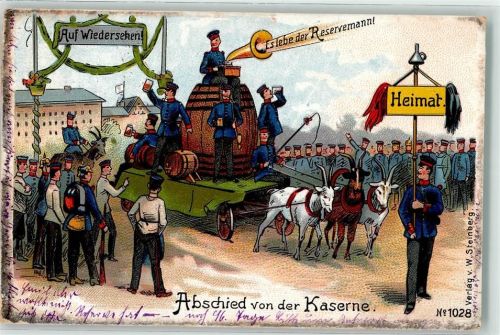 1909 Abschied von der Kaserne auf einer von Ziegen gezogenen Bierkutsche Verlag W. Steinberg No. 1028