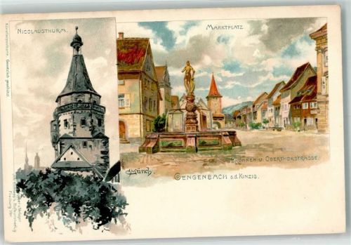 Gengenbach sign. Münch, C. Nicolausturm Marktplatz Brunnen und Obertorstraße Verlag Joh. Eichlepp