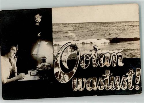 Petroleumlampe Frau beim Schreiben Buchstaben mit Bildern Liebesbrief 1925 Fotomontage AK