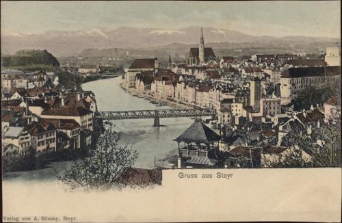 um 1900 Gruß aus Steyr, Brücke, Österreich.,A. Stiasny