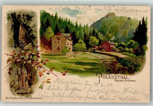 01848 O8352 Hohnstein 1912 Lithographie / Künstlerkarte Polenztal und die Wolfsschlucht am Hockstein Verlag Louis Glaser