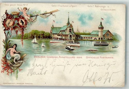 Treptow 1896 Gebäude für Fischerei Sport und Nahrungsmittel Erotik Lithographie Sonderstempel