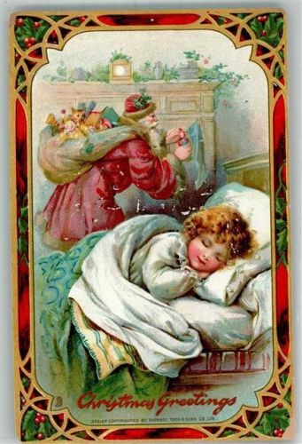 1910 Christmas Greetings Schlafendes Kind Bescherung am Kamin Prägedruck Raphael Tuck