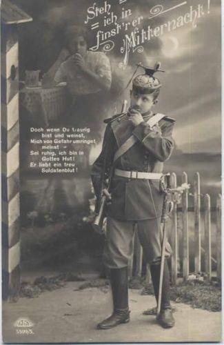 um 1914/18 -Steh ich in finstrer Mitternacht-, Soldat und sein Mädchen, Spruch, Militär, Uniform, Gewehr