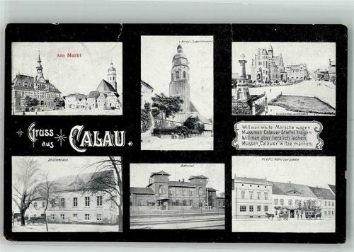 03205 O7540 Calau Gebrauchsspuren Markt Kirche mit Superintendentur Kriegerdenkmal Kreishaus Schützenhaus Bahnhof Heydes Hotet zur Sonne Einriß