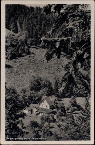 1959 Wernigerode/Harz, Sachsen-Anhalt: Gaststätte -Waldmühle-, Gesamtansicht mit Landschaftpanorama, Ak Nr. A 142/55,R. Lederbogen AKU1