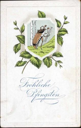 um 1910 -Fröhliche Pfingsten-, Maikäfer menschlich mit Barometer