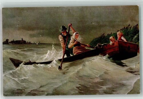 sign. Raupp, Carl Gewitterwolken Ruderer auf stürmischer See Verlag Gustav Liersch & Co. Nr. 544