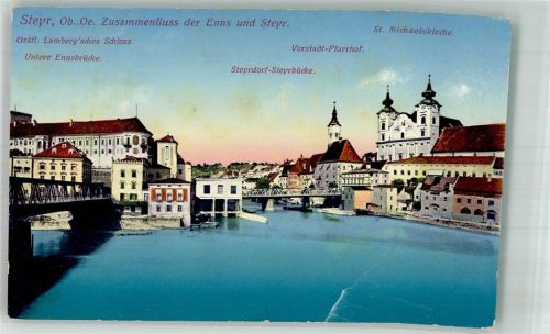 Steyr 1920 Zusammenfluss Enns und Steyr Schloss Gräfl. Lamberg Kirche St. Michael
