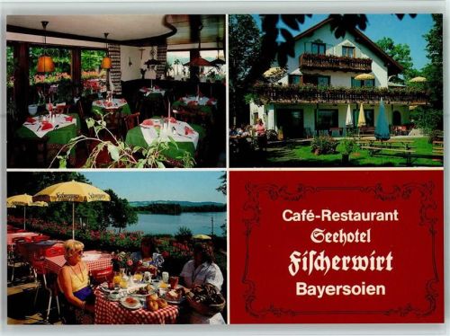 Bayersoien Café Restaurant Seehotel Fischerwirt Innenaufnahme auf der Terrasse beim Frühstück 3-Bildaufnahme