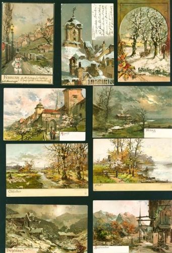 Monate/Jahreszeiten/Tageszeiten Lot mit 13 AK überwiegend Lithographien, um 1900; überwiegend gute Erhaltung, teils gelaufen