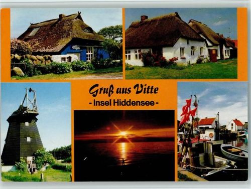 Vitte Blaue Scheune Fischerhäuser Alte Mühle Sonnenuntergang am Strand Hafen