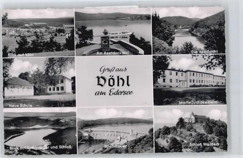 Vöhl Denkmal See Schiff Berg Schloss Sperrmauer