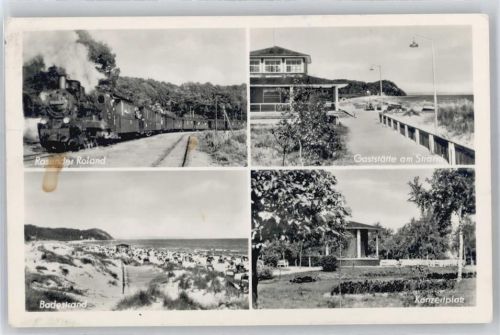 18586 O2356 Baabe , Ostseebad Gebrauchsspuren Eisenbahn Rasender Roland, Gaststätte am Strand, Konzertplatz