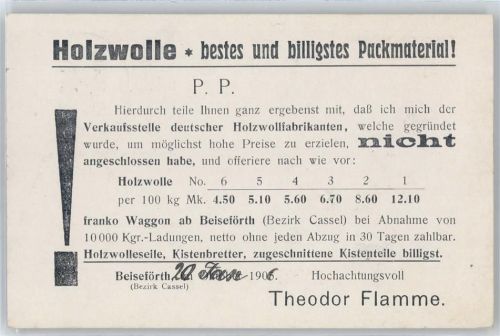 Beiseförth Geschäftskorrespondenz Holzwollefabrik Dampfsägewerk Theodor Flamme