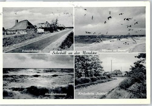 Schobüll Friesenhaus, Landpoststempel, Möwen im Sturm, Kinderheim Soltau