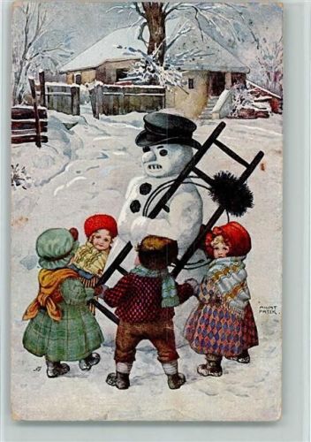 1918 sign August Pater - Ringelreigen um den Schneemann - Künstlerkarte